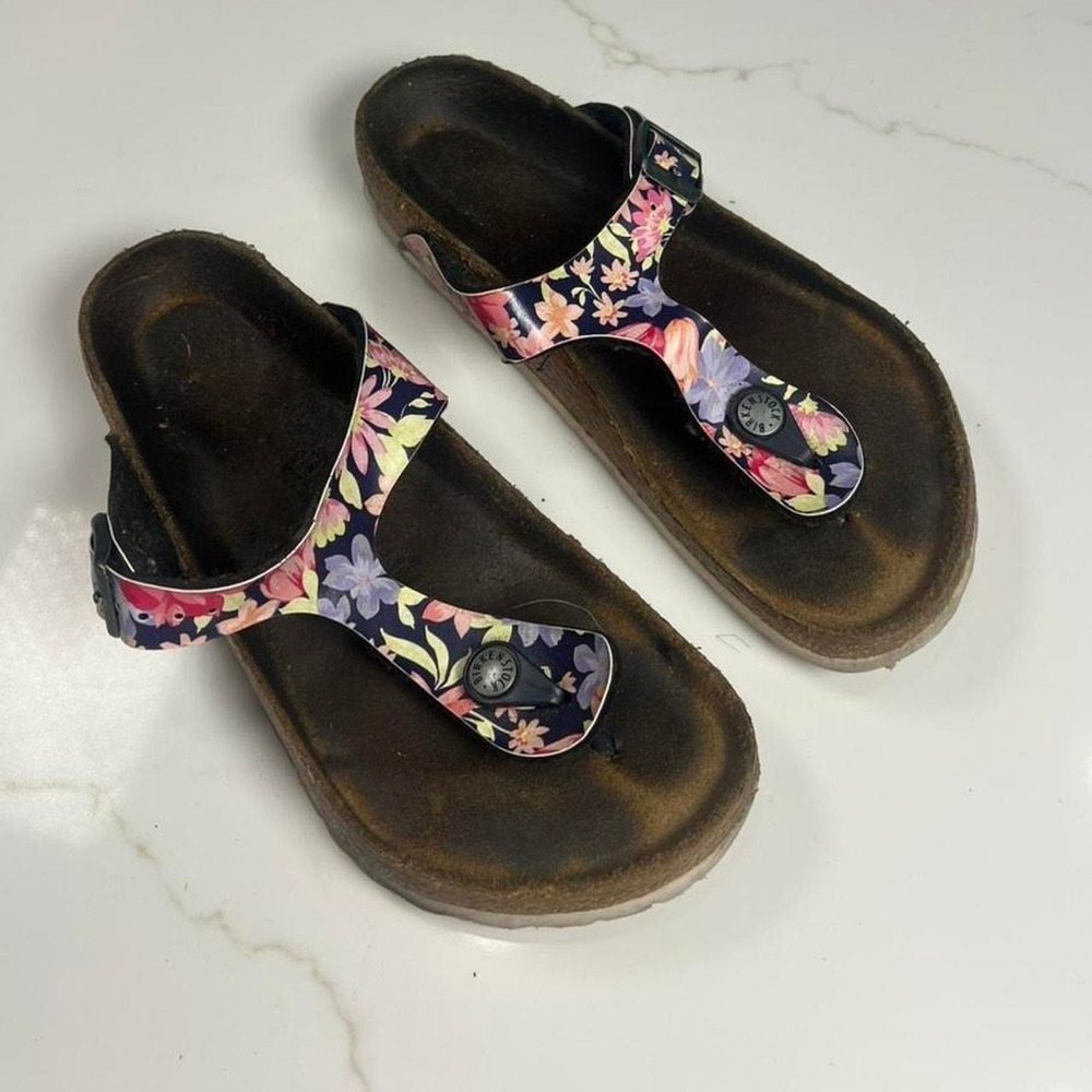 Birkenstock Gizeh Floral T-Strap Cork Footbed Sandals Navy Pink Blue Boho Shoes